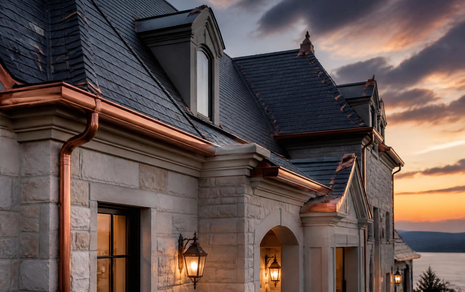 Slate roof and copper detailing on a luxury estate at dusk