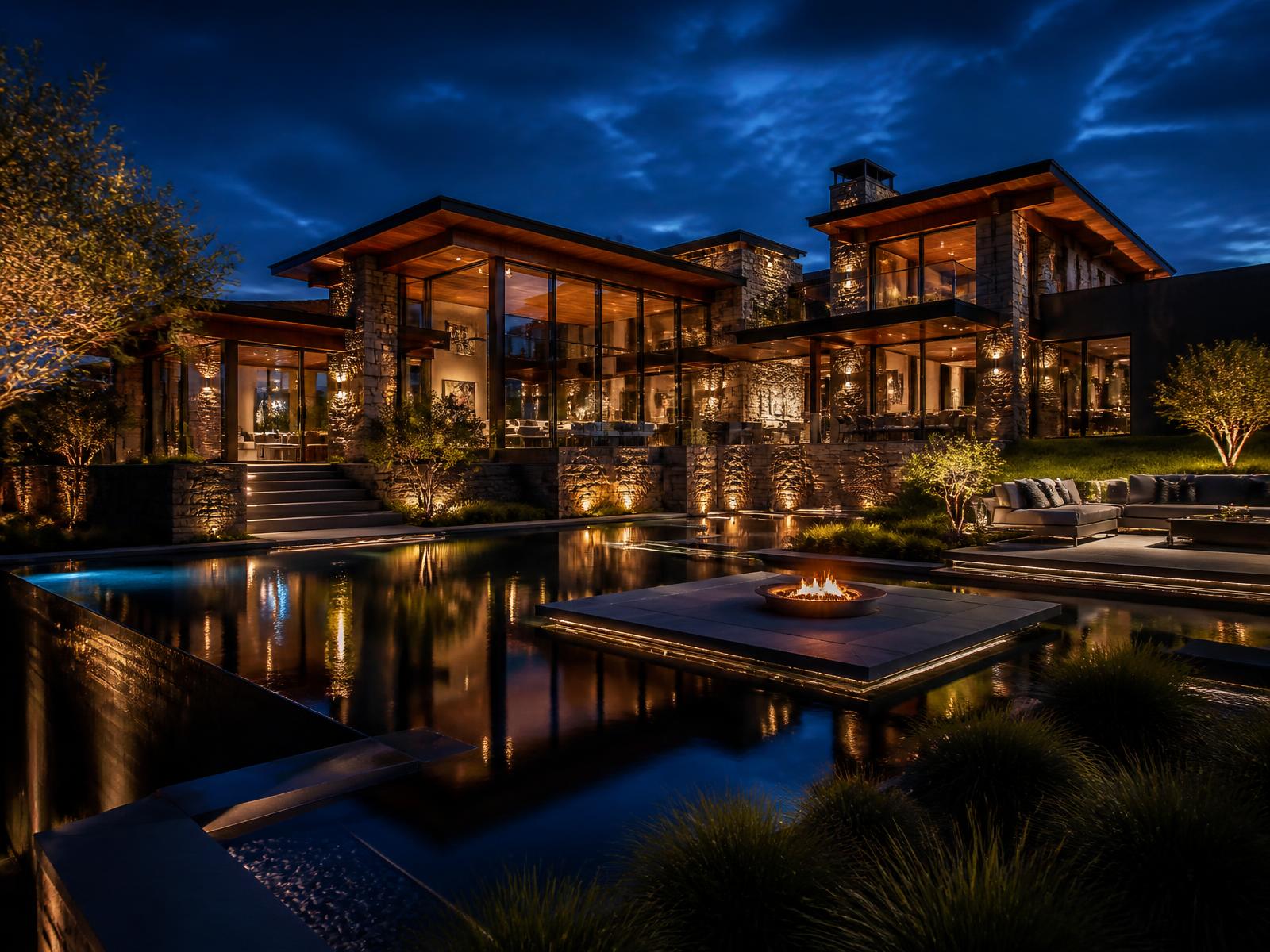 Luxury modern estate exterior lit at dusk