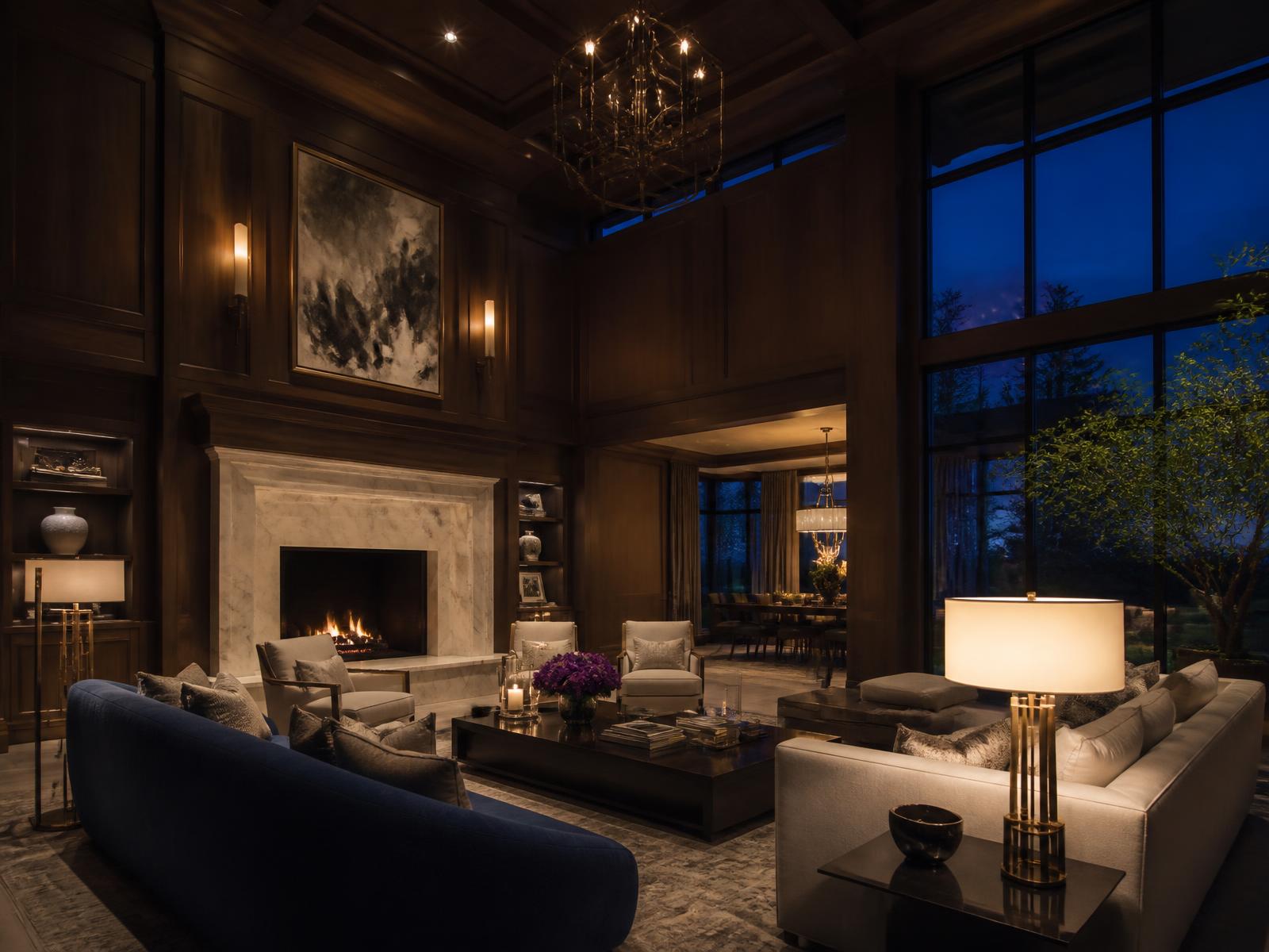 Luxury home interior great room with marble fireplace